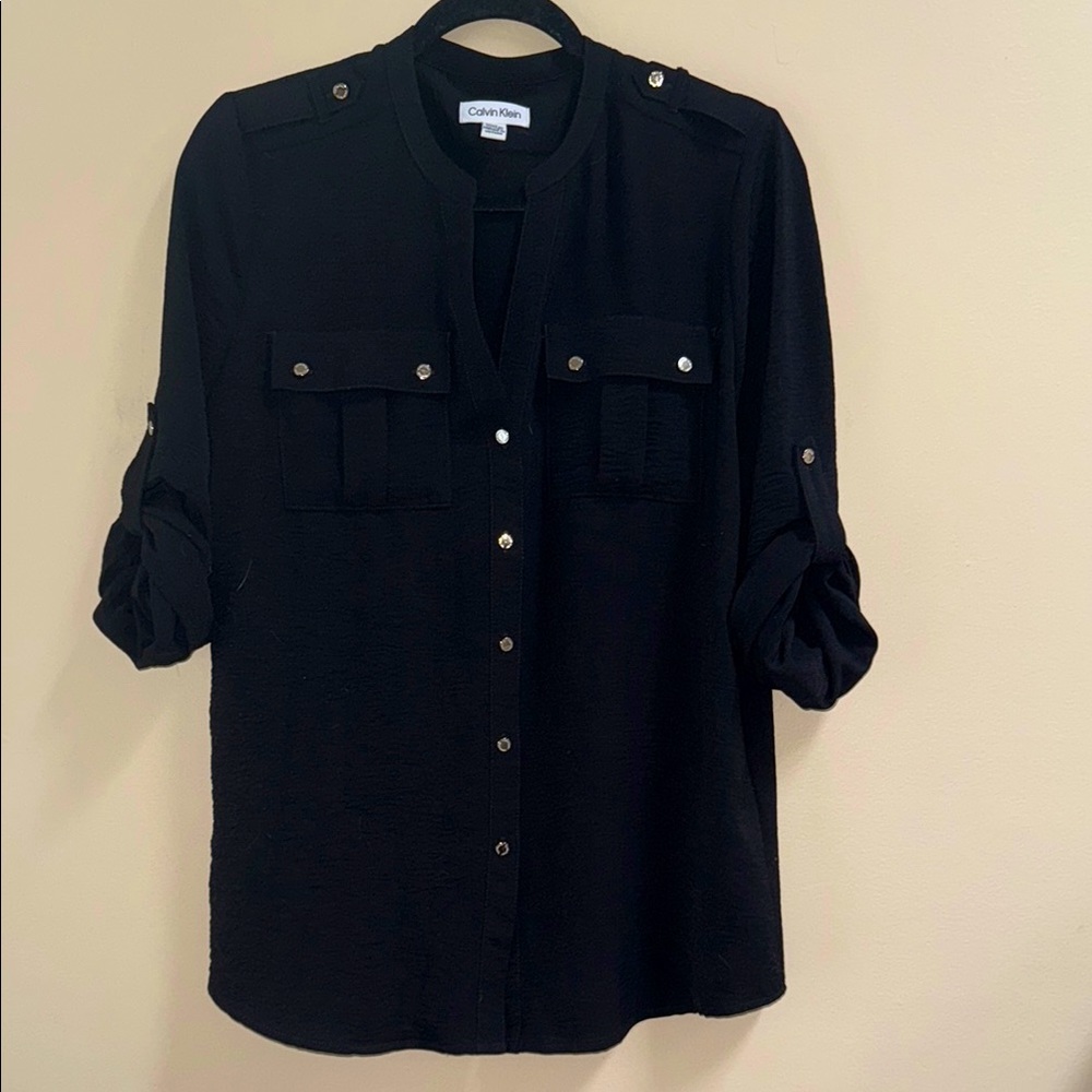 Calvin Klein Women's Black Button-Up blouse with roll up long sleeves